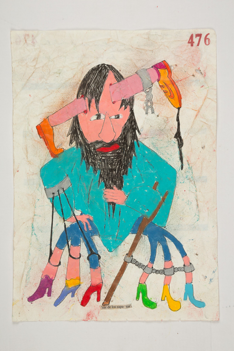 Camilo Restrepo. <em>Zar de los Zapatos</em>, 2021. Water-soluble wax pastel, ink, tape and saliva on paper 11 3/4 x 8 1/4 inches (29.8 x 21 cm)