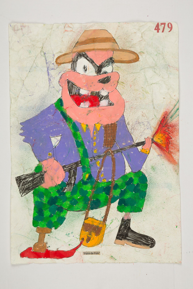 Camilo Restrepo. <em>Paisa de Palo</em>, 2021. Water-soluble wax pastel, ink, tape and saliva on paper 11 3/4 x 8 1/4 inches (29.8 x 21 cm)