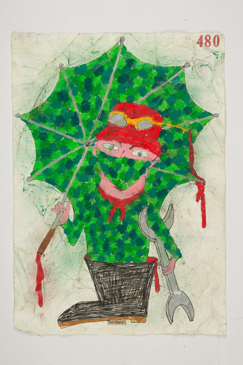 Camilo Restrepo. <em>Chave</em>, 2021. Water-soluble wax pastel, ink, tape and saliva on paper 11 3/4 x 8 1/4 inches (29.8 x 21 cm)