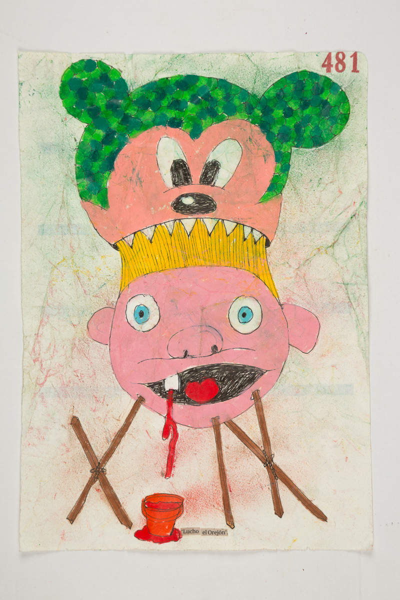 Camilo Restrepo. <em>Lucho el Orejòn</em>, 2021. Water-soluble wax pastel, ink, tape and saliva on paper 11 3/4 x 8 1/4 inches (29.8 x 21 cm)