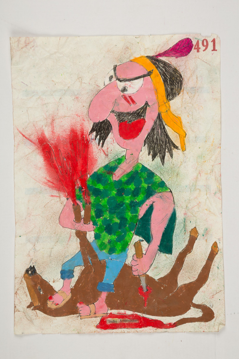 Camilo Restrepo. <em>Indio Amansador</em>, 2021. Water-soluble wax pastel, ink, tape and saliva on paper 11 3/4 x 8 1/4 inches (29.8 x 21 cm)