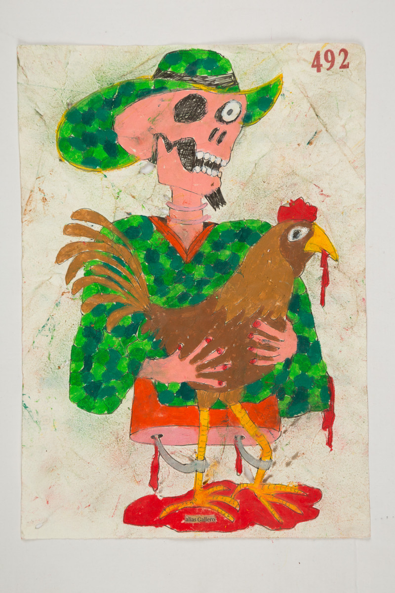 Camilo Restrepo. <em>Gallero</em>, 2021. Water-soluble wax pastel, ink, tape and saliva on paper 11 3/4 x 8 1/4 inches (29.8 x 21 cm)
