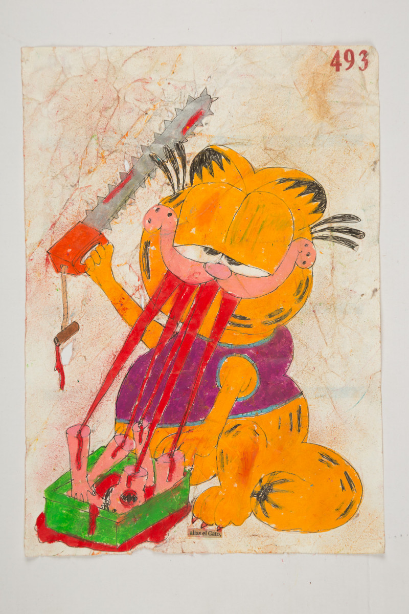 Camilo Restrepo. <em>Gato</em>, 2021. Water-soluble wax pastel, ink, tape and saliva on paper 11 3/4 x 8 1/4 inches (29.8 x 21 cm)