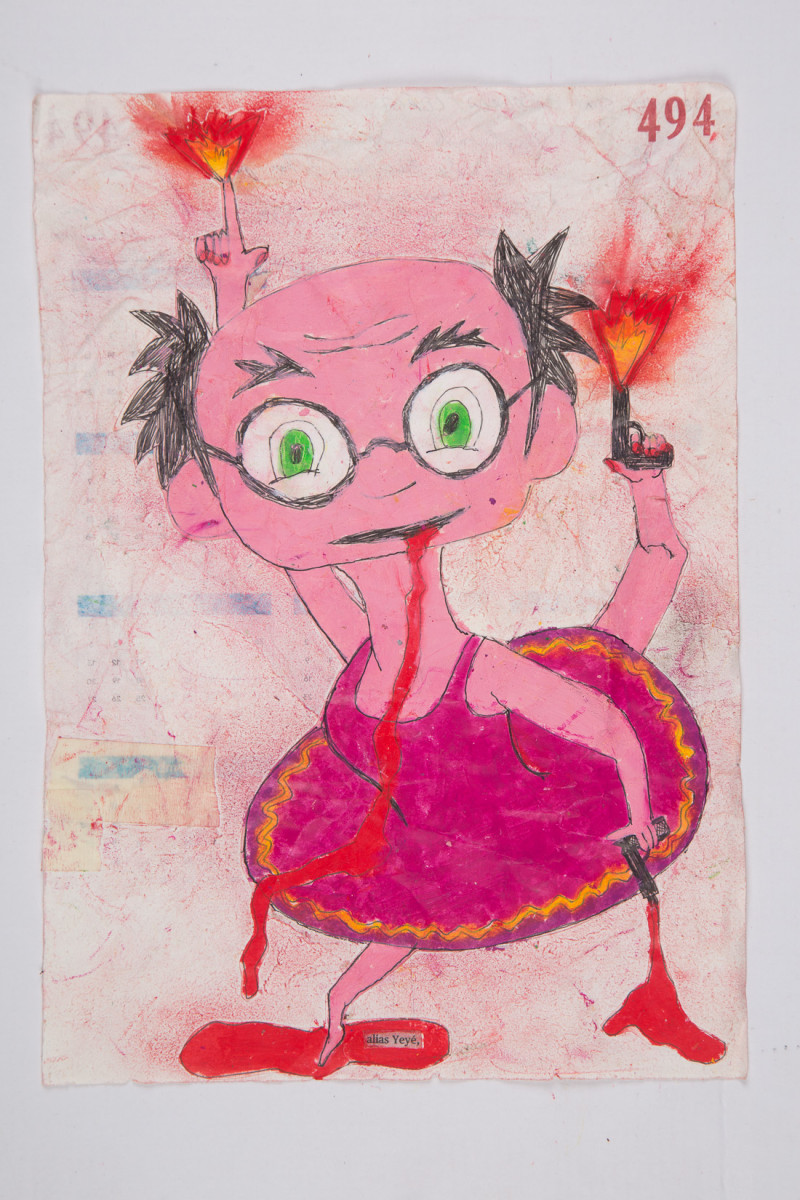 Camilo Restrepo. <em>Yeyè</em>, 2021. Water-soluble wax pastel, ink, tape and saliva on paper 11 3/4 x 8 1/4 inches (29.8 x 21 cm)