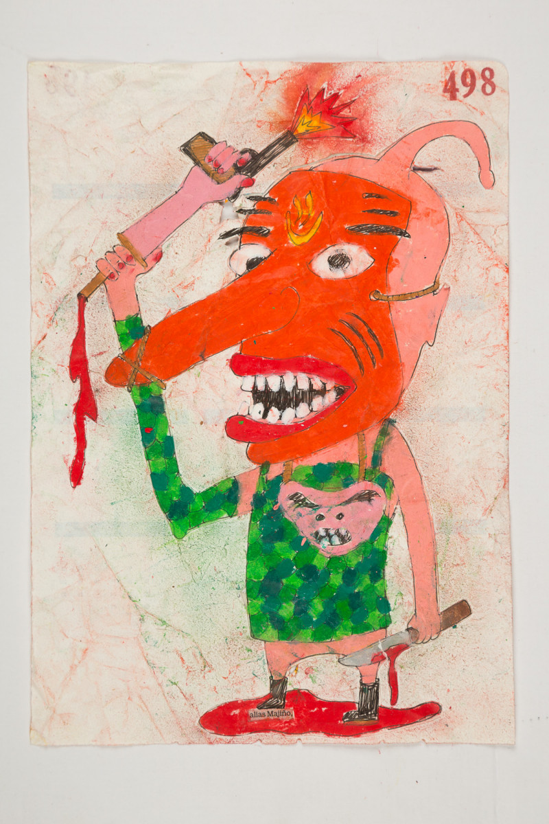 Camilo Restrepo. <em>Majiño</em>, 2021. Water-soluble wax pastel, ink, tape and saliva on paper 11 3/4 x 8 1/4 inches (29.8 x 21 cm)