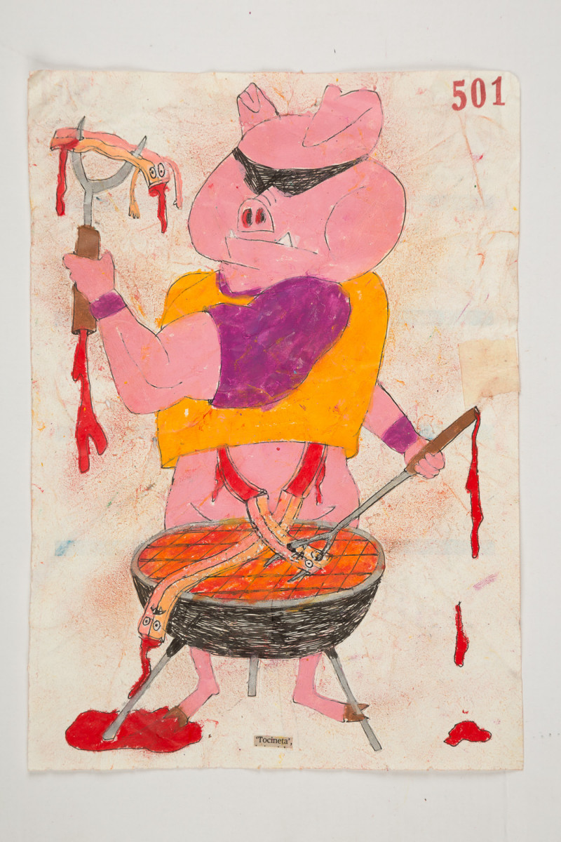 Camilo Restrepo. <em>Tocineta</em>, 2021. Water-soluble wax pastel, ink, tape and saliva on paper 11 3/4 x 8 1/4 inches (29.8 x 21 cm)