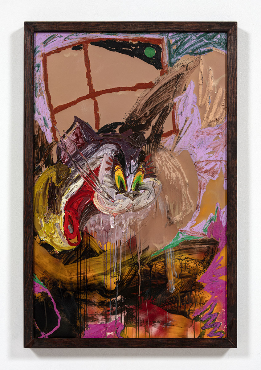 Bianca Fields. <em>The Big Wig Snatch</em>, 2021. Acrylic, oil and spray paint on yupo paper mounted on canvas with artist frame, 40 x 26 inches (101.6 x 66 cm)