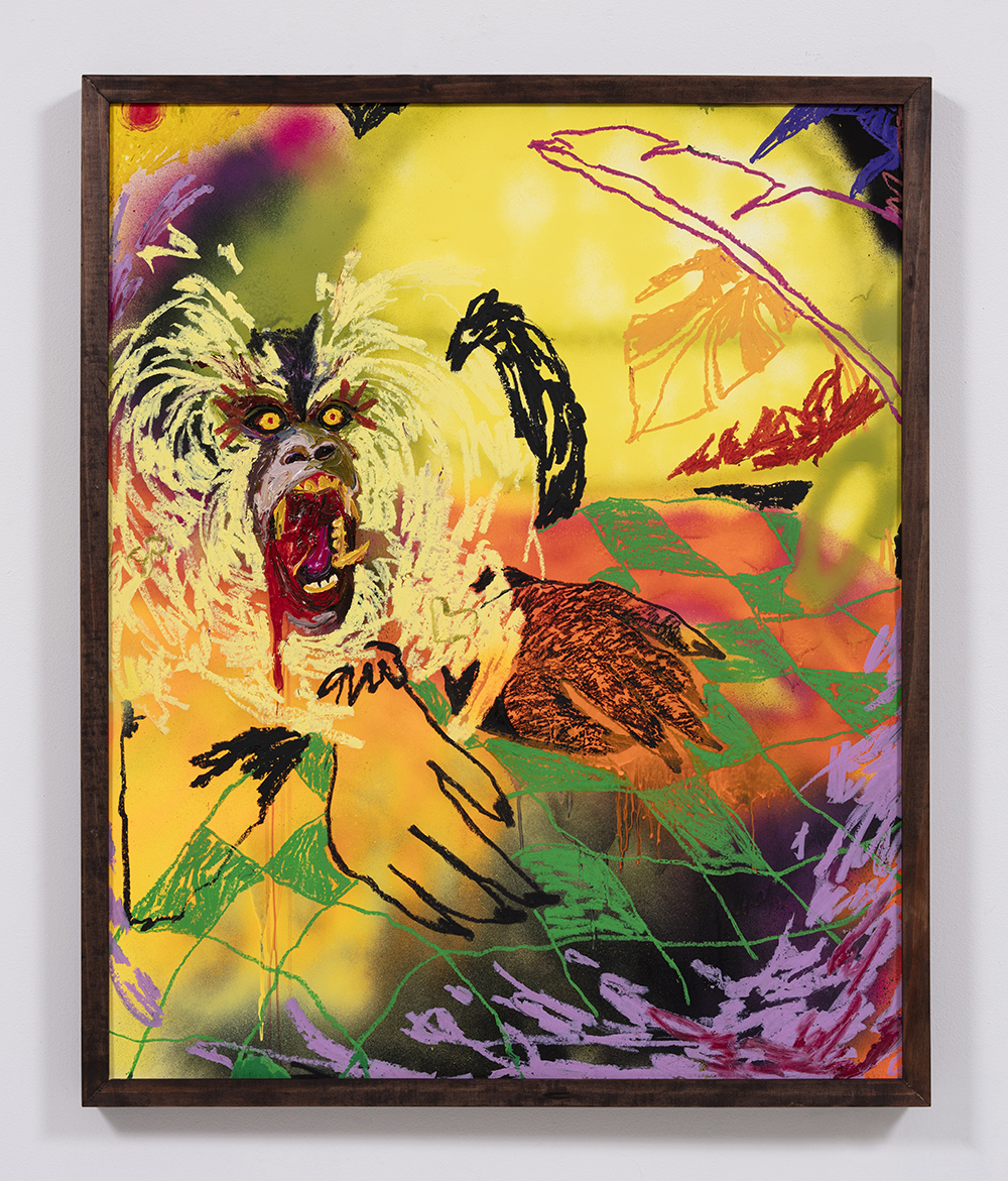 Bianca Fields. <em>Your Favorite Breakfast Bedlam</em>, 2021. Acrylic, oil and spray paint on yupo paper mounted on canvas with artist frame, 44 x 36 inches (111.8 x 91.4 cm)