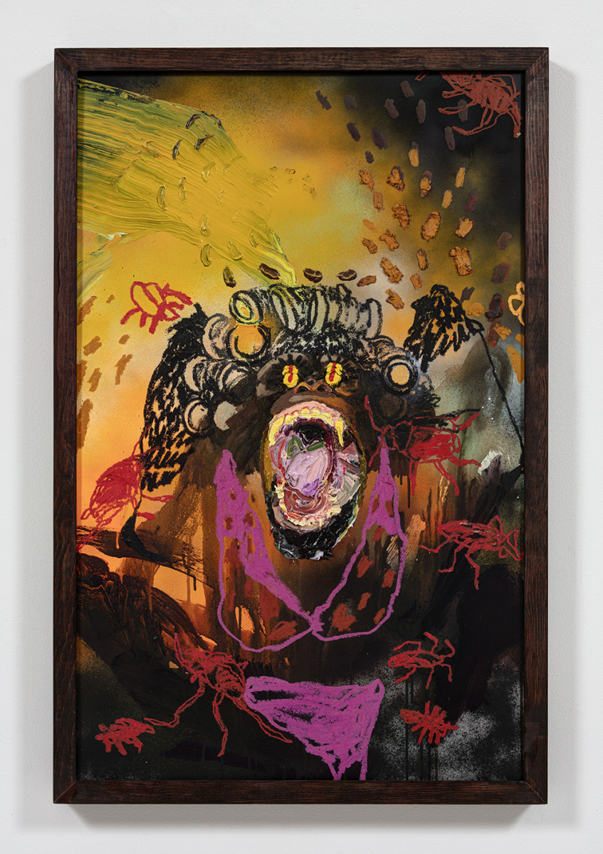 Bianca Fields. <em>Pressed Out Like Peanut Butter</em>, 2021. Acrylic, oil and spray paint on yupo paper mounted on canvas with artist frame, 40 x 26 inches (101.6 x 66 cm)