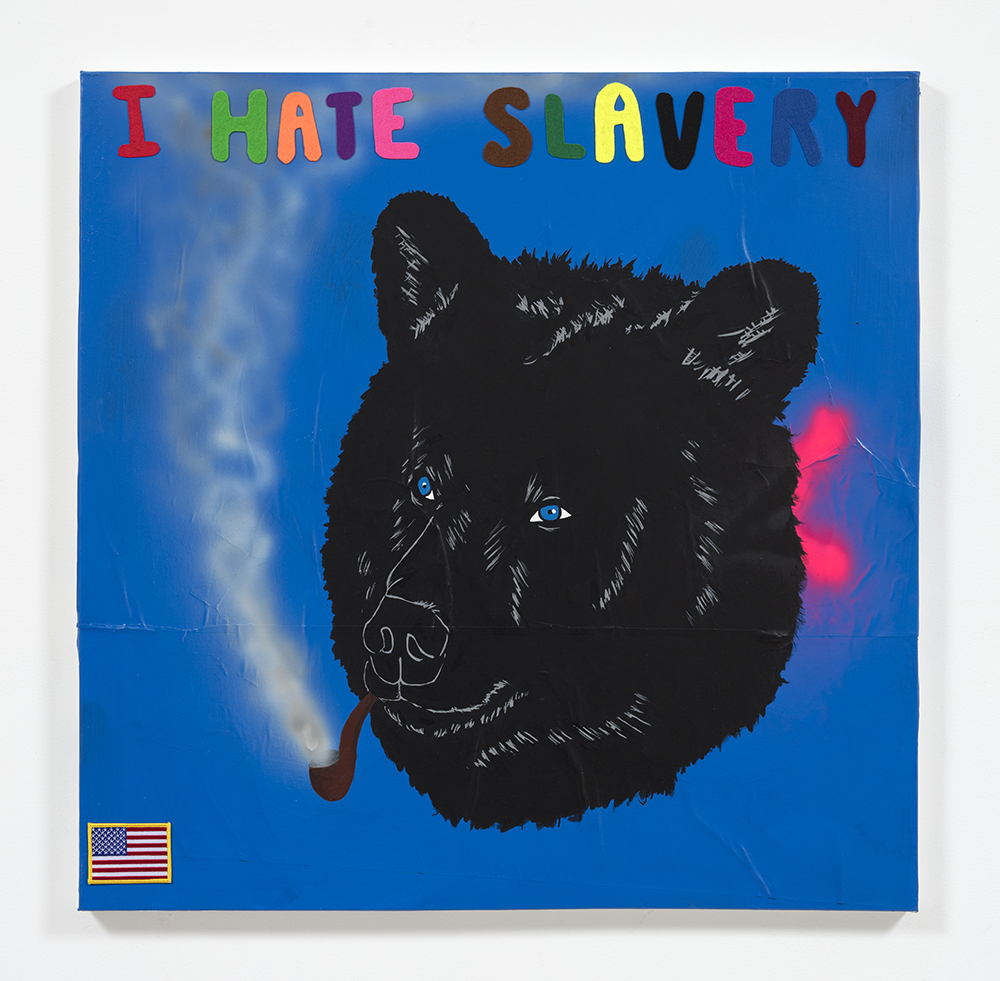David Leggett. <em>I would vote for you</em>, 2021. Acrylic, spray paint, felt and collage on paper mounted on canvas, 36 x 36 inches (91.4 x 91.4 cm)