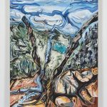 Maria Calandra. <em>Sierra Buttes – View Through a Dead Tree</em>, 2021. Acrylic on canvas over panel, 24 x 18 inches (61 x 45.7 cm)