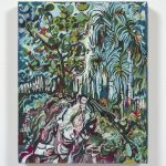 Maria Calandra. <em>Mom’s Backyard near the Bayou</em>, 2021. Acrylic on linen over panel, 10 x 8 inches (25.4 x 20.3 cm)