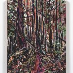 Maria Calandra. <em>Tall Tree Grove (Redwood National Park)</em>, 2021. Acrylic on colored canvas, 14 x 11 inches (35.6 x 27.9 cm)