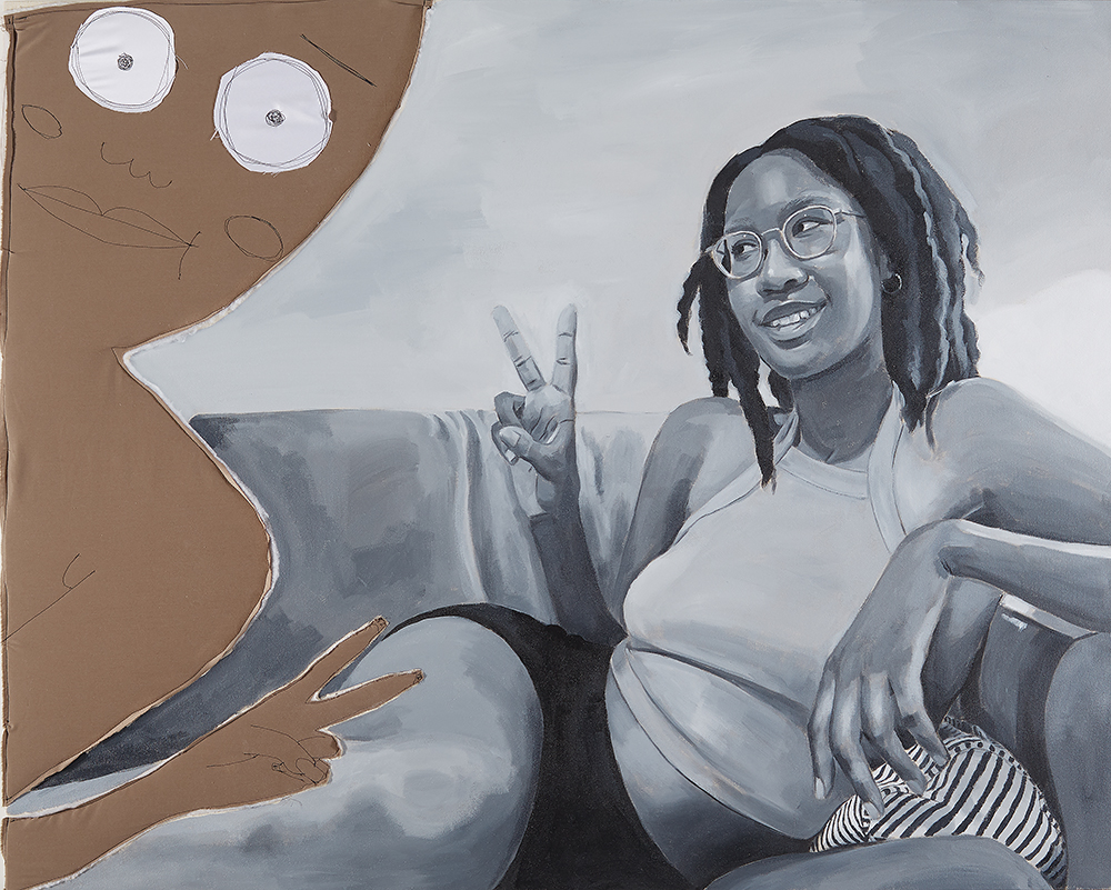 Brittany Tucker. <em>Peace and Love (Photobomb)</em>, 2021. Acrylic, cotton and polyester on canvas, 40 x 50 inches (101.6 x 127 cm)