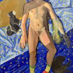 LINUS BORGO, BED OF STARS: SELF-PORTRAIT WITH ELSINA AND ZIP, 2021, OIL ON CANVAS, 46 X 68″