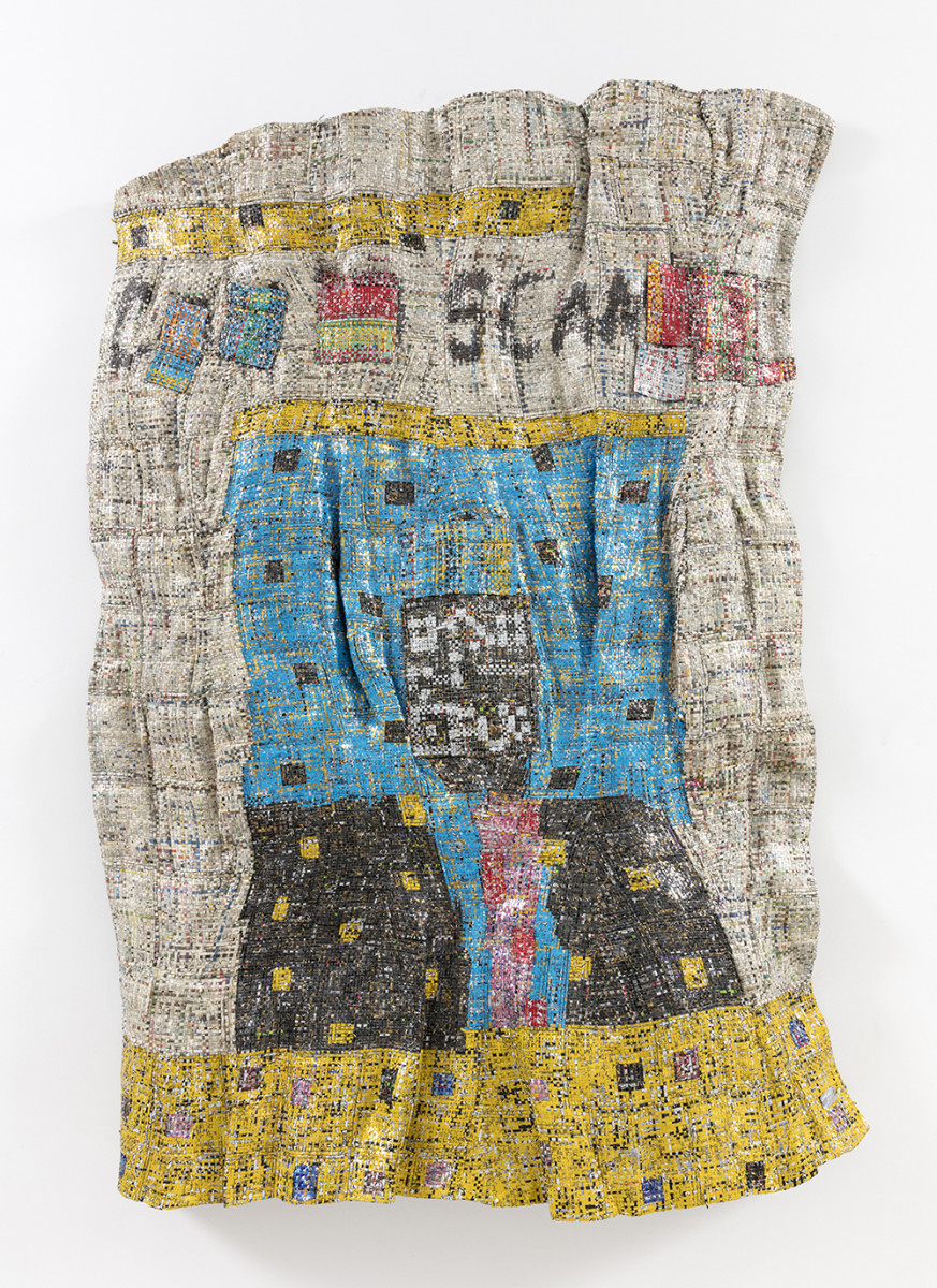 Dickens Otieno. <em>Scan</em>, 2021. Shredded aluminum cans woven on galvanized steel mesh, 66 1/2 x 56 3/4 inches (168.9 x 144.1 cm)