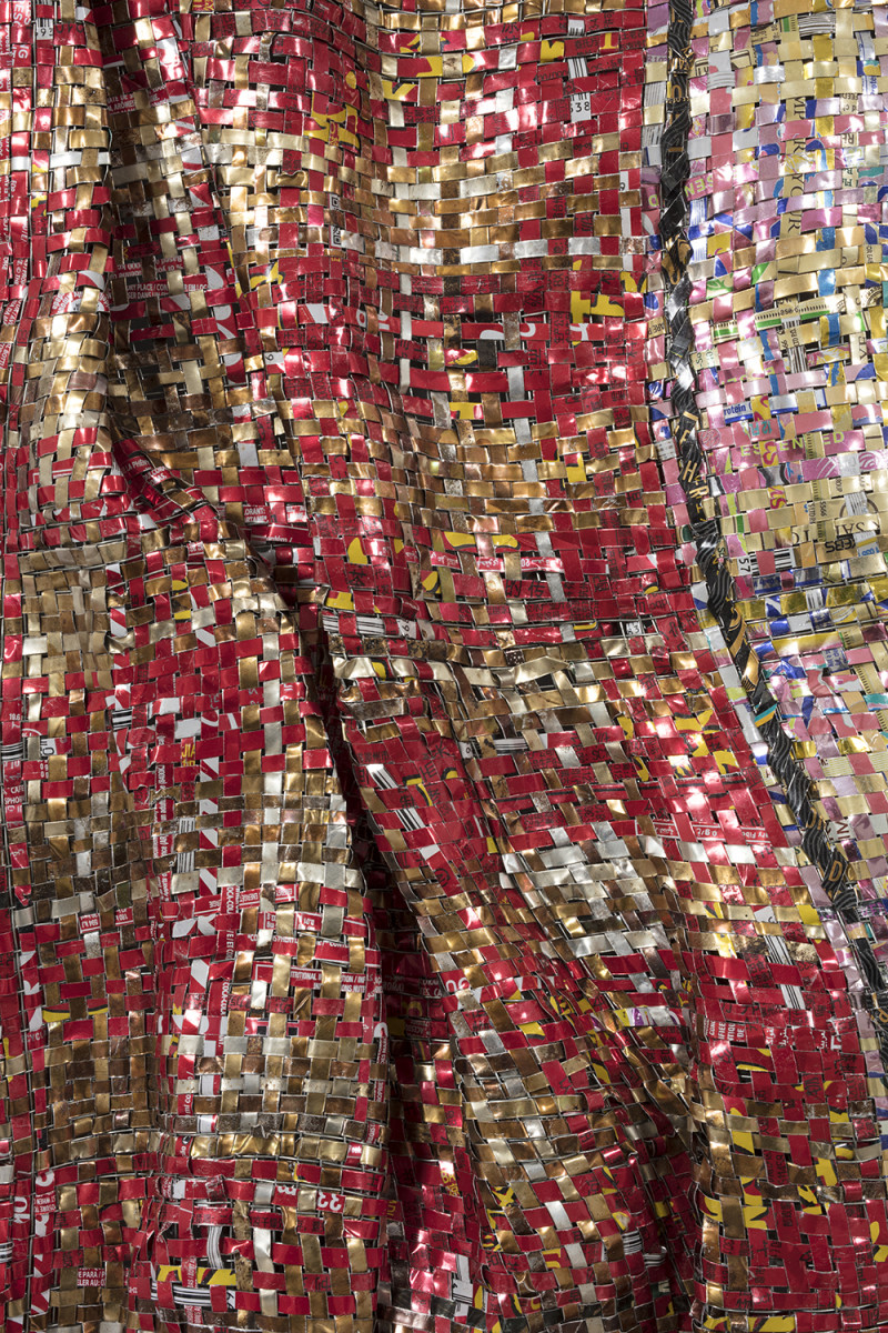 Dickens Otieno. <em>Untitled IV</em>, 2021. Shredded aluminum cans woven on galvanized steel mesh, 72 1/8 x 61 1/8 inches (183.2 x 155.3 cm) Detail
