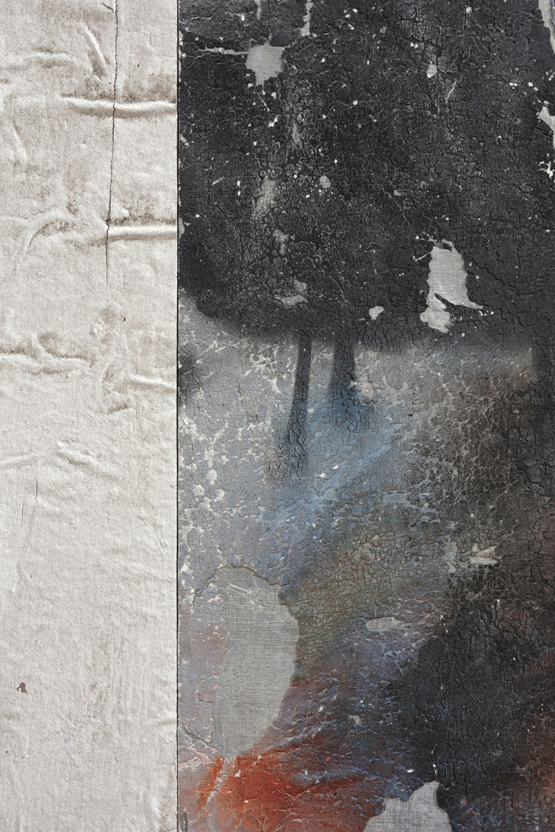 Pablo Rasgado. <em>Timescape 3</em>, 2021. Extracted acrylic, enamel, spray paint and dirt on canvas; 28 panels of varying dimensions, 78 3/4 x 196 7/8 inches (200 x 500.1 cm) Detail