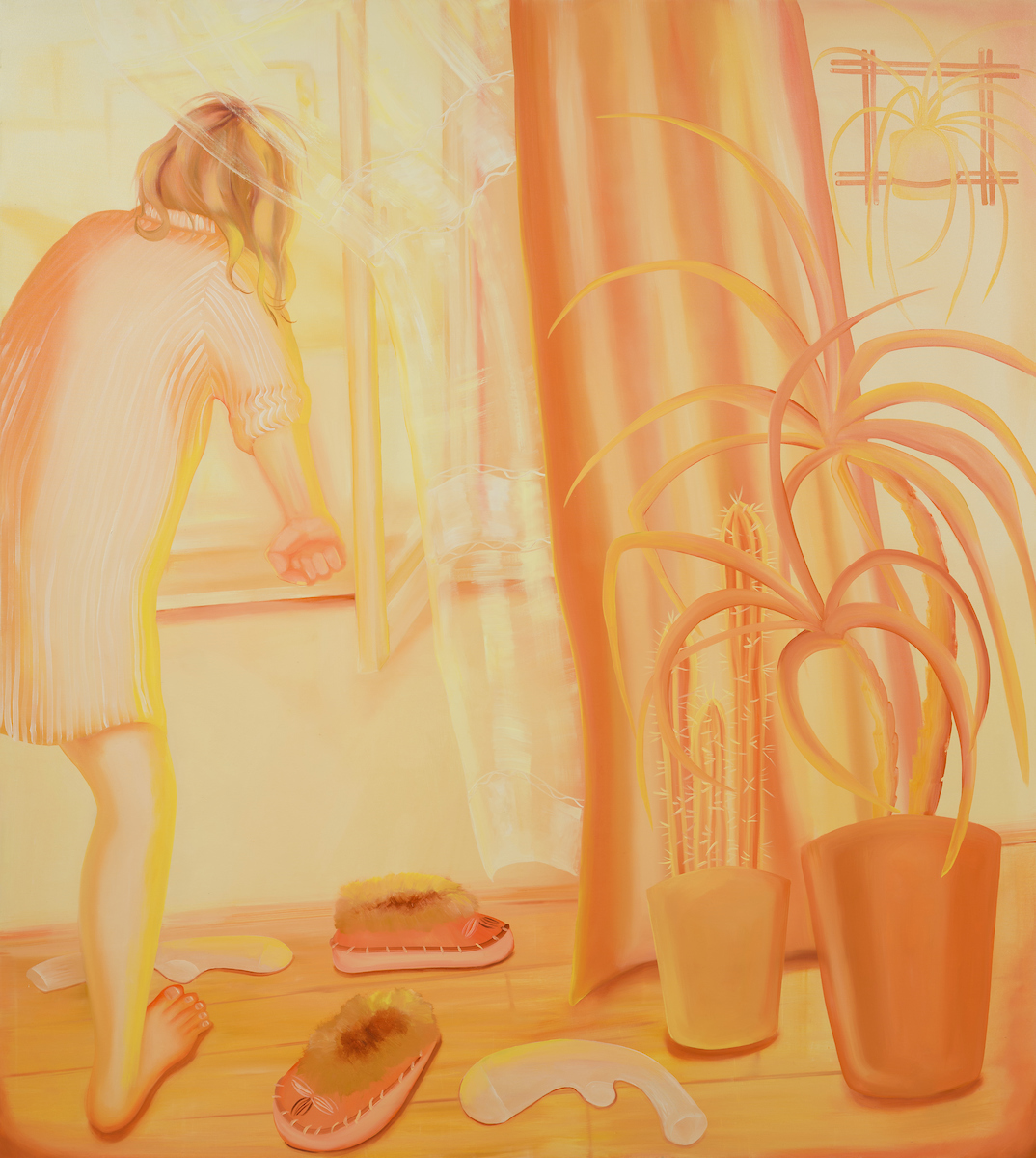 Karolina Jablońska. <em>Looking out the Window (yellow)</em>, 2021. Oil on canvas, 74 3/4 x 66 7/8 inches (190 x 170 cm)