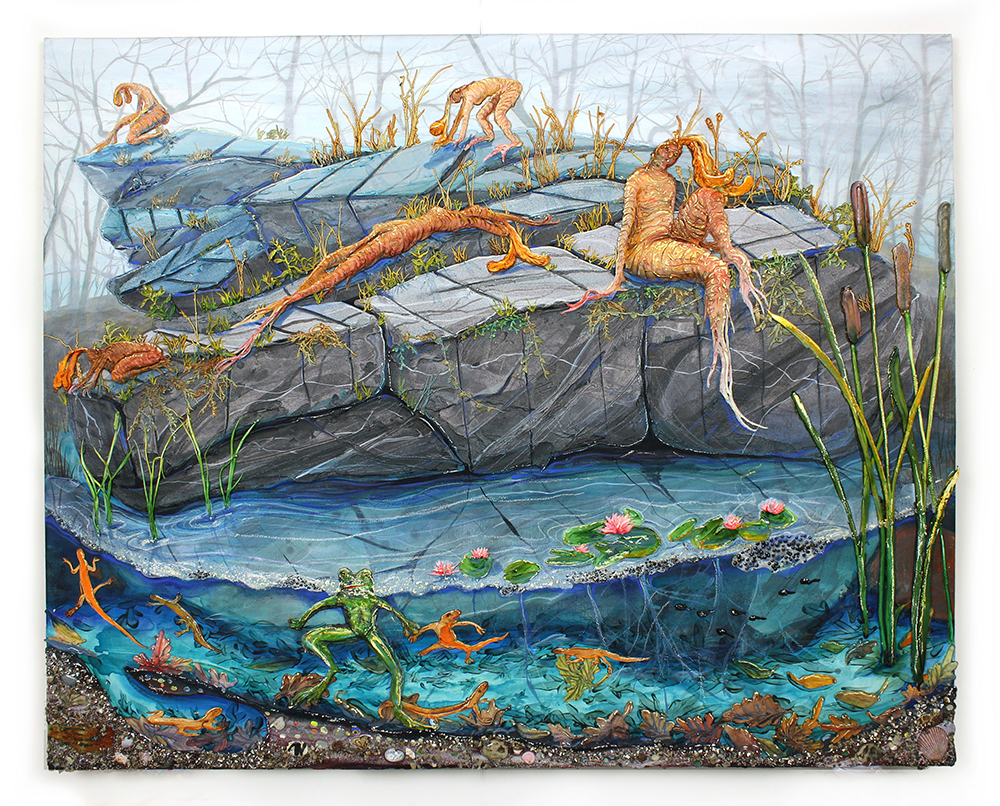 Kate Klingbeil. <em>The Marble Quarry</em>, 2021. Acrylic, pigment, flashe, pumice, sand, crushed garnet, ceramic, shells, chalk pastel, epoxy clay, rocks from Lake Michigan, and oil stick on canvas, 40 x 50 1/2 x 2 inches (101.6 x 128.3 x 5.1 cm)