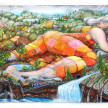 Kate Klingbeil. <em>Hunnybee</em>, 2021. Acrylic, pigment, flashe, pumice, sand, crushed garnet, chalk pastel, rocks from Lake Michigan, and oil stick on canvas, 59 x 86 x 2 1/2 inches (149.9 x 218.4 x 6.4 cm) thumbnail