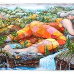 Kate Klingbeil. <em>Hunnybee</em>, 2021. Acrylic, pigment, flashe, pumice, sand, crushed garnet, chalk pastel, rocks from Lake Michigan, and oil stick on canvas, 59 x 86 x 2 1/2 inches (149.9 x 218.4 x 6.4 cm)