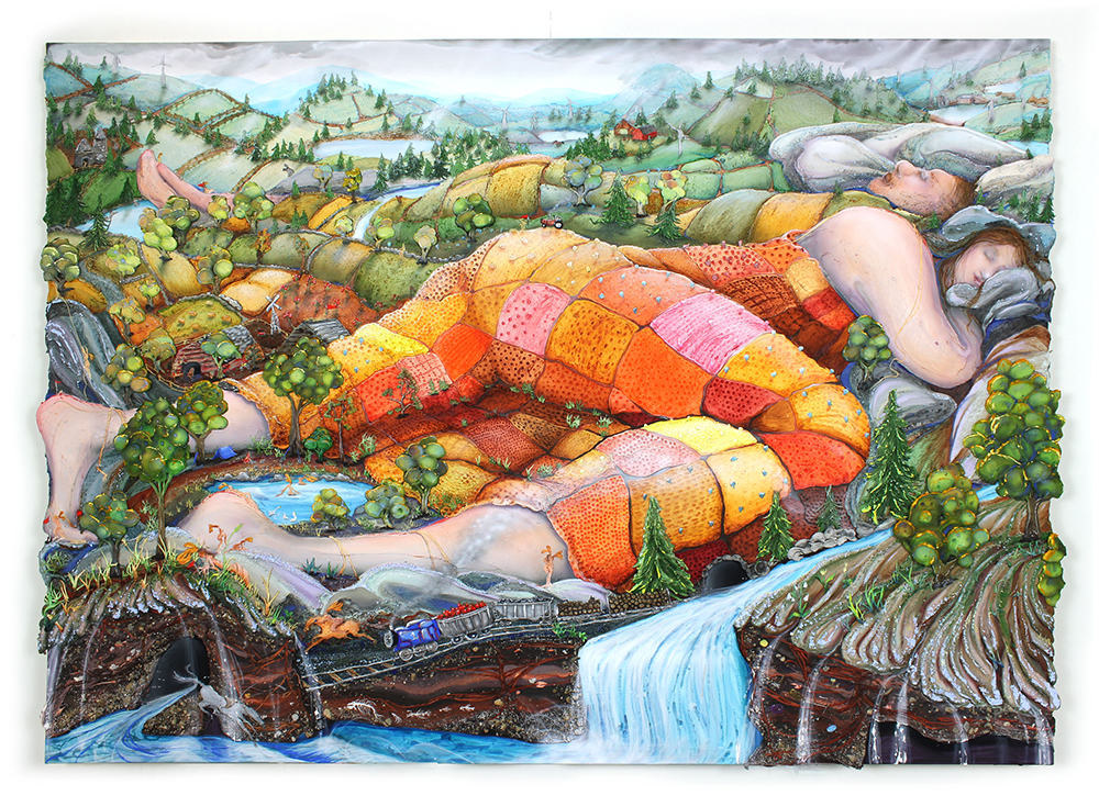 Kate Klingbeil. <em>Hunnybee</em>, 2021. Acrylic, pigment, flashe, pumice, sand, crushed garnet, chalk pastel, rocks from Lake Michigan, and oil stick on canvas, 59 x 86 x 2 1/2 inches (149.9 x 218.4 x 6.4 cm)