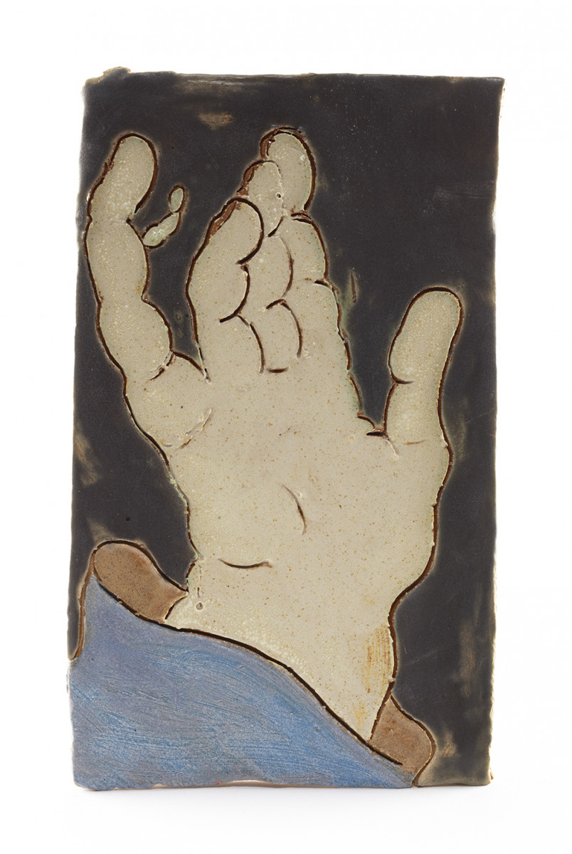 Kevin McNamee-Tweed. <em>Hand with Budding Finger Growth</em>, 2020. Glazed ceramic, 8 1/2 x 5 1/8 inches (21.6 x 13 cm)