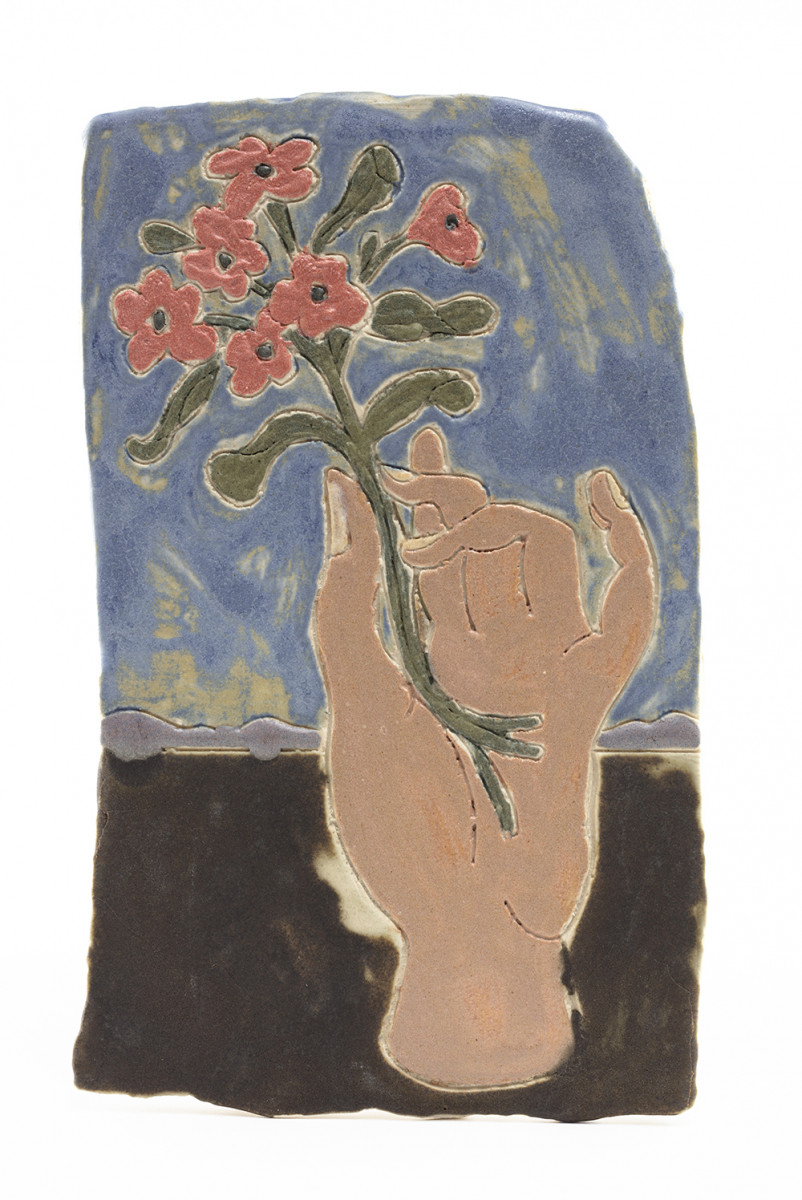 Kevin McNamee-Tweed. <em>Hand with Flowers</em>, 2021. Glazed ceramic, 6 1/2 x 4 inches (16.5 x 10.2 cm)