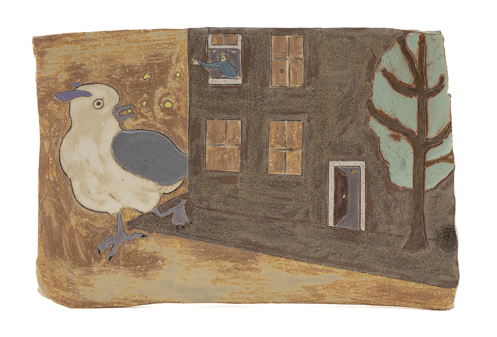 Kevin McNamee-Tweed. <em>Feeding the Big Bird from the Window</em>, 2021. Glazed ceramic, 6 x 9 inches (15.2 x 22.9 cm)