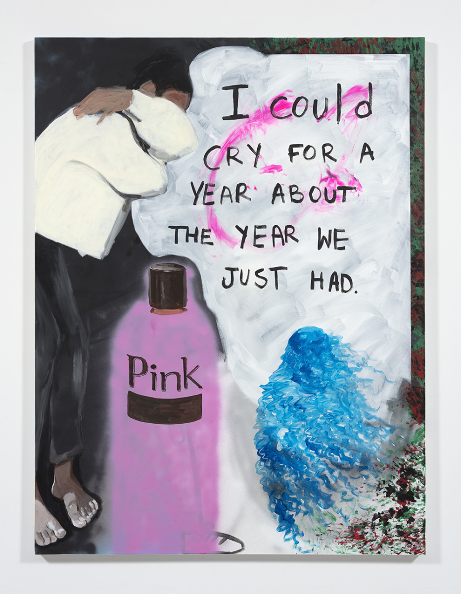 Brittany Tucker. <em>Emotional Outburst</em>, 2021. Acrylic and spray paint on canvas, 83 x 63 inches (210.8 x 160 cm)