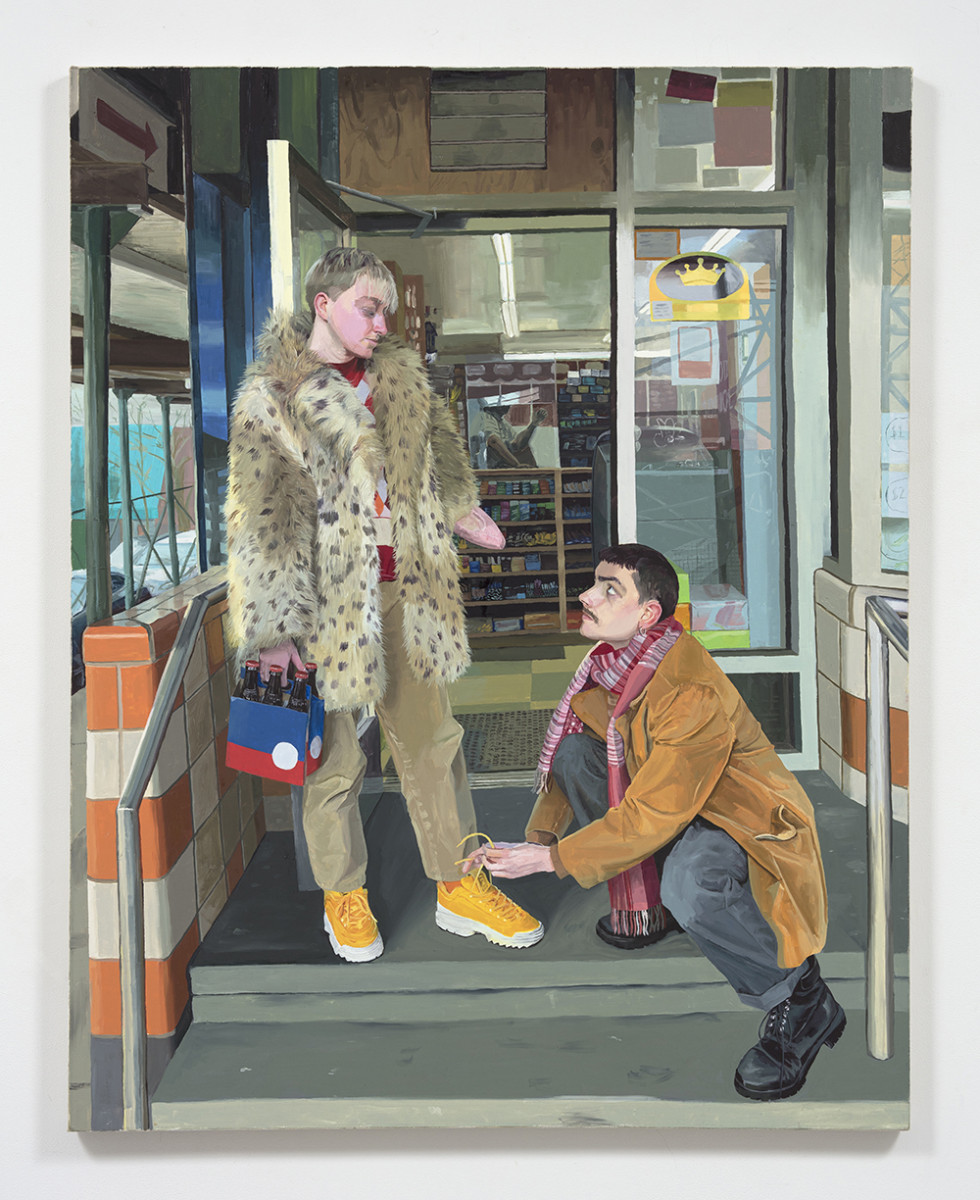 Linus Borgo. <em>Noli Me Tangere: Nick ties my shoe</em>, 2021. Oil on canvas, 66 x 52 inches (167.6 x 132.1 cm)