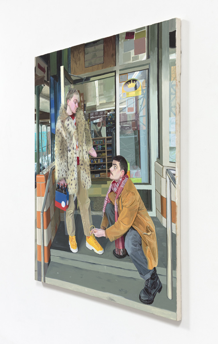 Linus Borgo. <em>Noli Me Tangere: Nick ties my shoe</em>, 2021. Oil on canvas, 66 x 52 inches (167.6 x 132.1 cm) Detail