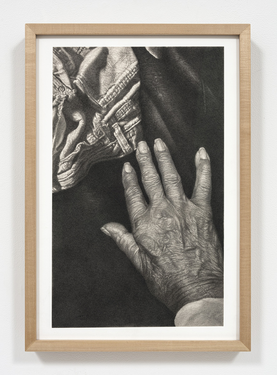 Richard Wyatt Jr. <em>Paul's Work Clothes #2</em>, 2021. Charcoal on paper, 12 x 9 inches (30.5 x 22.9 cm), 22 1/2 x 15 1/2 inches (57.2 x 39.4 cm) Framed