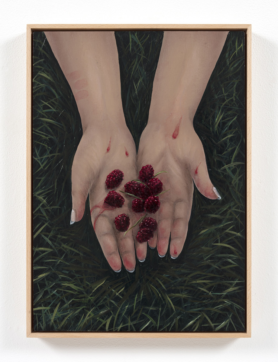 Natalia Gonzalez Martin. <em>The Thorn and It's Fruit / La Espina y Su Fruto</em>, 2021. Oil on panel, 16 1/2 x 11 3/4 inches (41.9 x 29.8 cm) 17 1/4 x 12 1/2 inches (43.8 x 31.8 cm) Framed