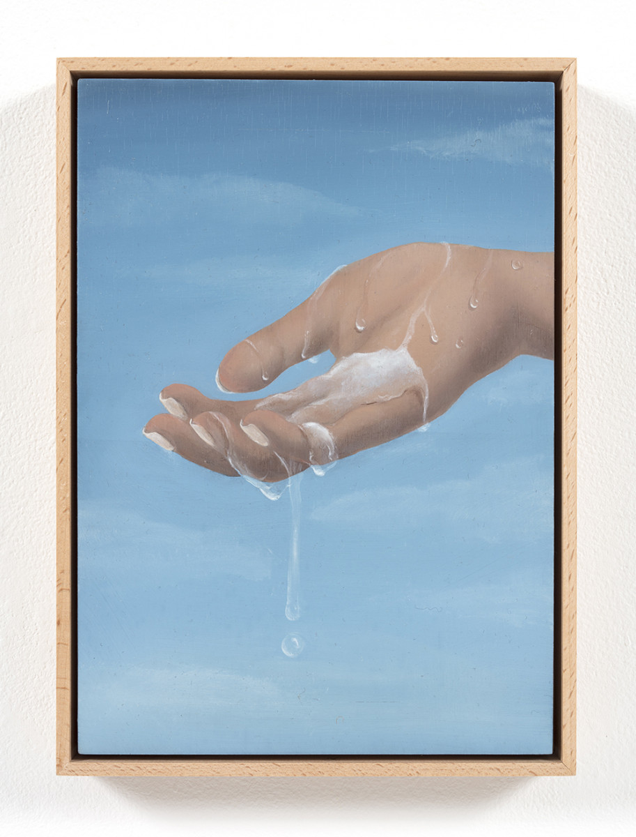Natalia Gonzalez Martin. <em>Running Through / De Paso</em>, 2021. Oil on panel, 11 3/4 x 8 1/4 inches (29.8 x 21 cm) 12 1/4 x 9 inches (31.1 x 22.9 cm) Framed