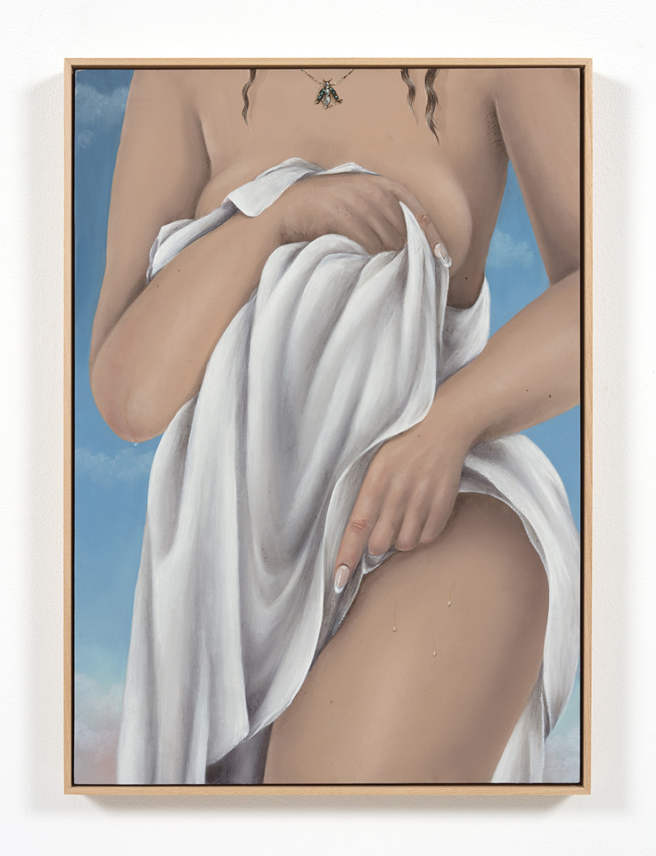 Natalia Gonzalez Martin. <em>This One Won't Sting / Esta No Pica</em>, 2021. Oil on panel, 23 5/8 x 16 1/2 inches (60 x 41.9 cm) 24 1/4 x 17 1/4 inches (61.6 x 43.8 cm) Framed