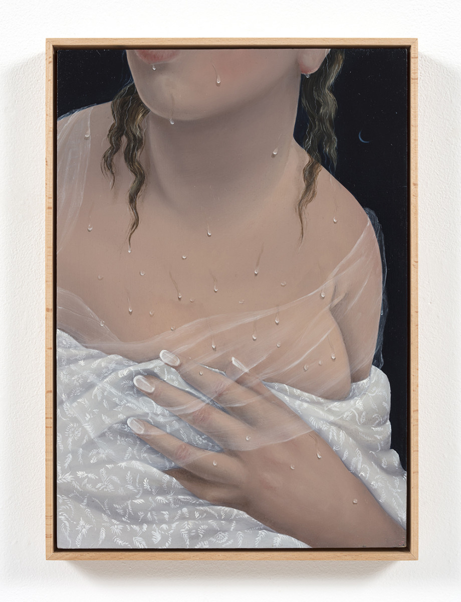 Natalia Gonzalez Martin. <em>In Her Hand She Holds Temptation / En Su Mano, La Tentación</em>, 2021. Oil on panel, 16 1/2 x 11 3/4 inches (41.9 x 29.8 cm) 17 1/4 x 12 1/2 inches (43.8 x 31.8 cm) Framed