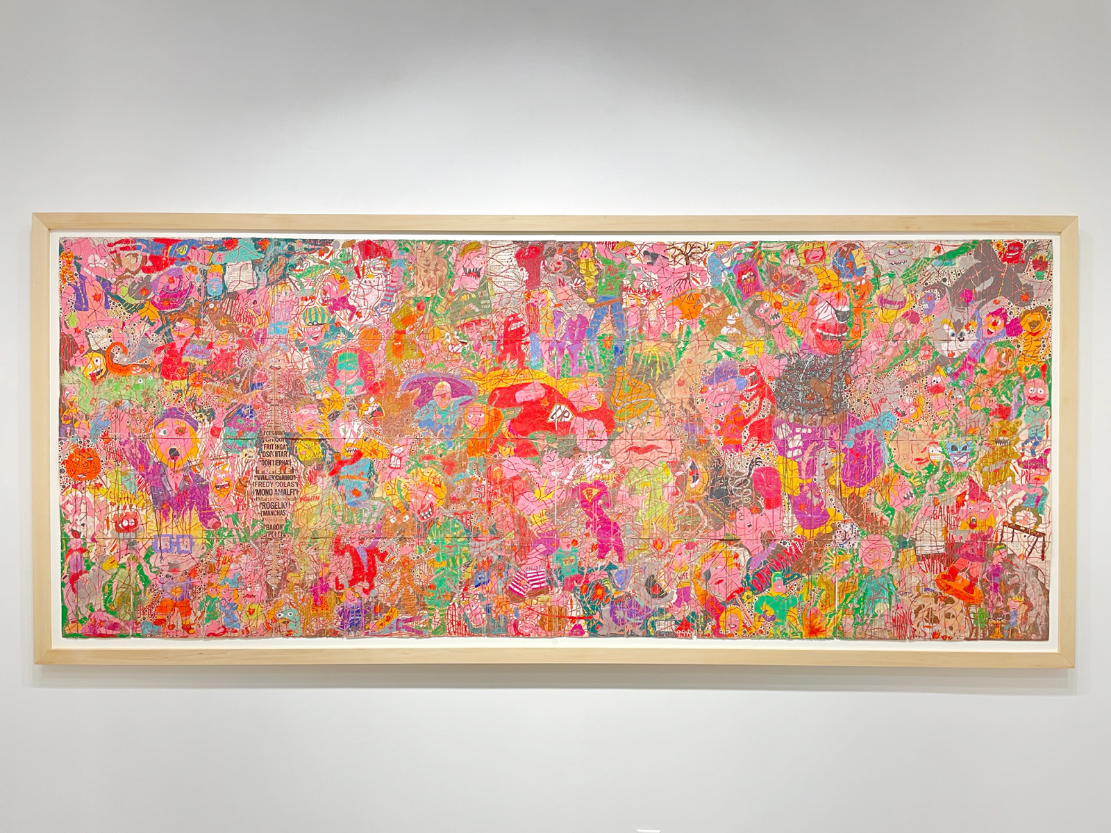 Camilo Restrepo. <em>A Land Reform 17</em>, 2019. Ink, water-soluble wax pastel, tape, stickers, newspaper clippings, glue and saliva on paper, 46 3/4 x 115 3/4 inches (118.7 x 294 cm) Framed