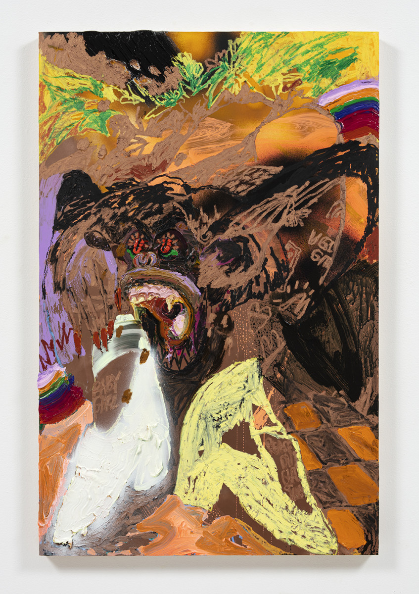 Bianca Fields. Slipper Kit, 2021. Acrylic, oil and spray paint on yupo paper mounted on panel, 40 x 26 inches (101.6 x 66 cm)