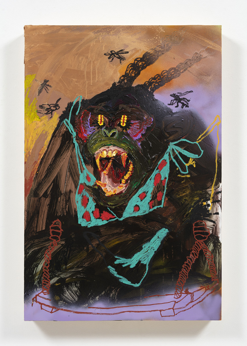 Bianca Fields. <em>Stank and Stung</em>, 2021. Acrylic, oil and spray paint on yupo paper mounted on panel, 36 x 24 inches (91.4 x 61 cm)