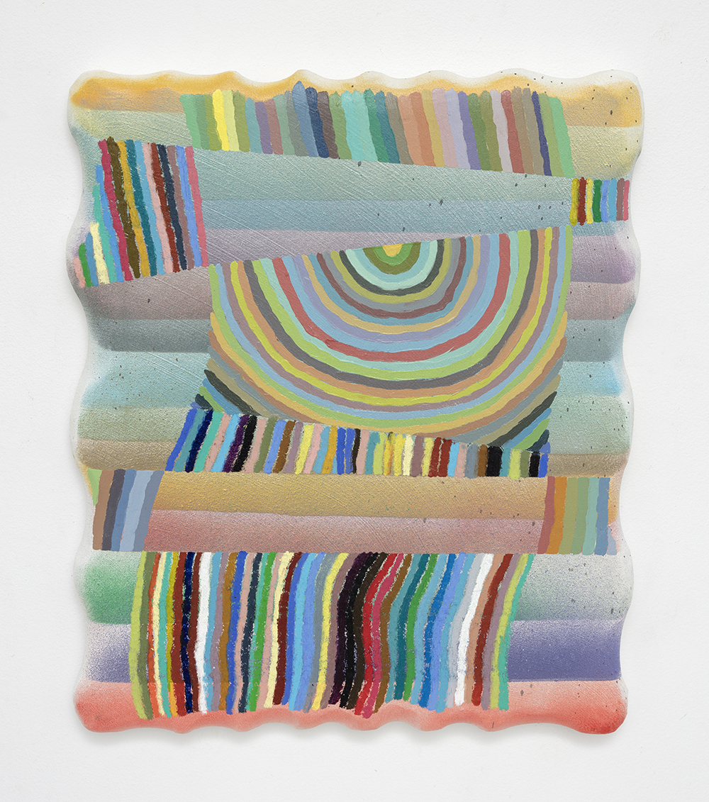 Claire Whitehurst. <em>weaving at the windowsill</em>, 2022. Oil and spray paint on linen, 20 x 16 inches (50.8 x 40.6 cm)