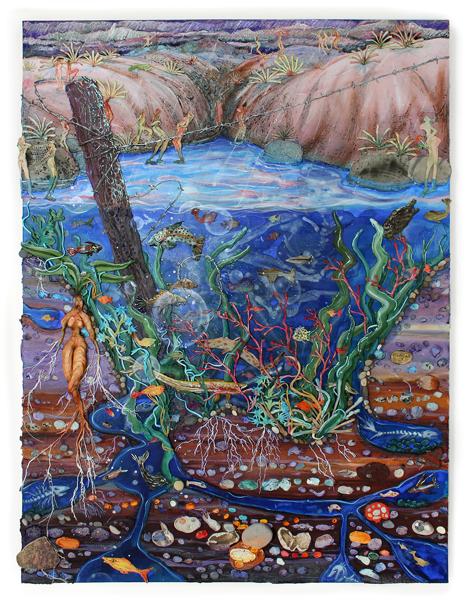 Kate Klingbeil. <em>Forbidden Pond</em>, 2020–2022. Acrylic, vinyl, pigment, watercolor, pumice, sand, cast brass, ceramic, seashells, rocks from Lake Michigan and Lake Erie and oil stick on canvas, 48 x 36 1/2 x 2 1/4 inches (121.9 x 92.7 x 5.7 cm)