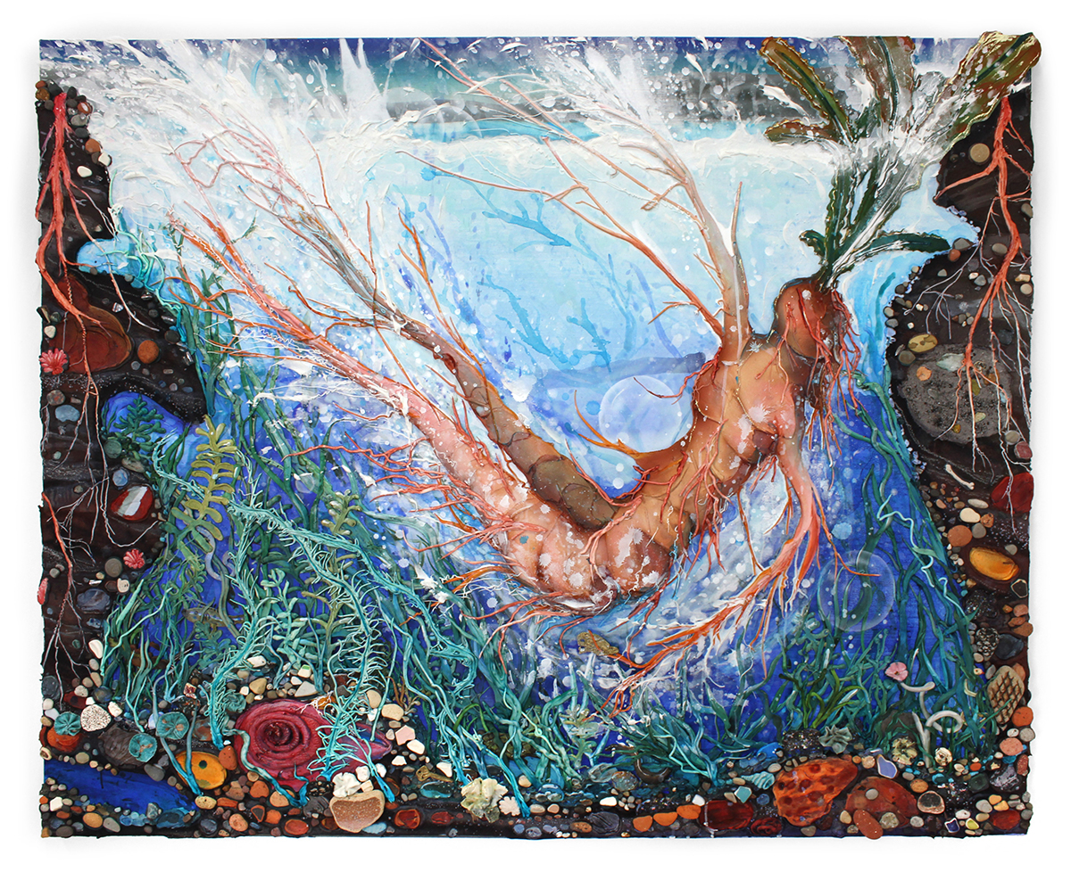 Kate Klingbeil. <em>Falling In</em>, 2020–2022. Acrylic, vinyl, pigment, watercolor, pumice, sand, cast brass, ceramic, seashells, rocks from Lake Michigan and Lake Erie and oil stick on canvas, 49 x 61 x 2 1/2 inches (124.5 x 154.9 x 6.4 cm)
