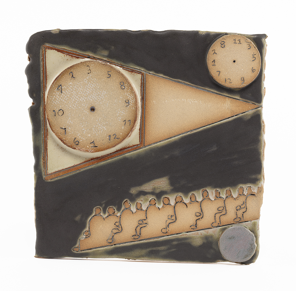 Kevin McNamee-Tweed. <em>Theatre (Clock/Wheels)</em>, 2021. Glazed ceramic, 7 x 7 inches (17.8 x 17.8 cm)