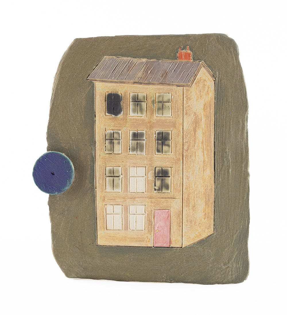 Kevin McNamee-Tweed. <em>Building (Stories/Clock)</em>, 2021. Glazed ceramic, 7 1/4 x 6 1/4 inches (18.4 x 15.9 cm)