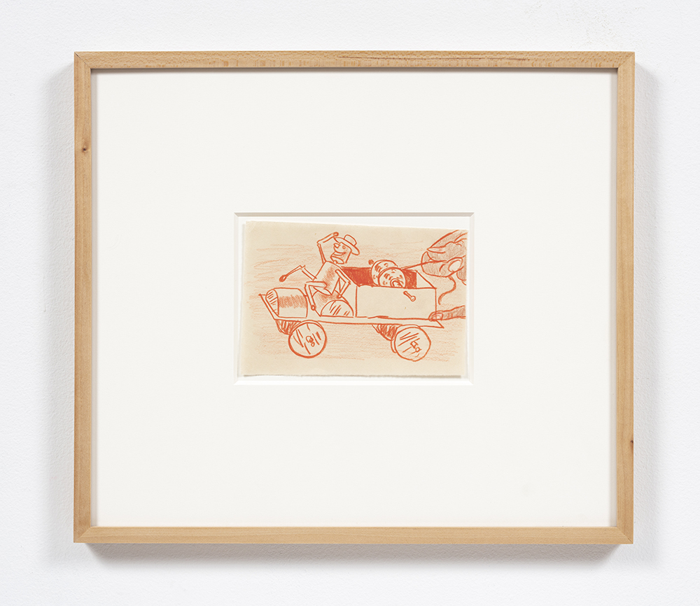 Kevin McNamee-Tweed. <em>Small Vehicle with Matchstick Figure</em>, 2021. Pencil on mulberry paper, 4 1/2 x 6 3/4 inches (11.4 x 17.1 cm) 14 3/4 x 16 3/4 inches (37.5 x 42.5 cm) Framed
