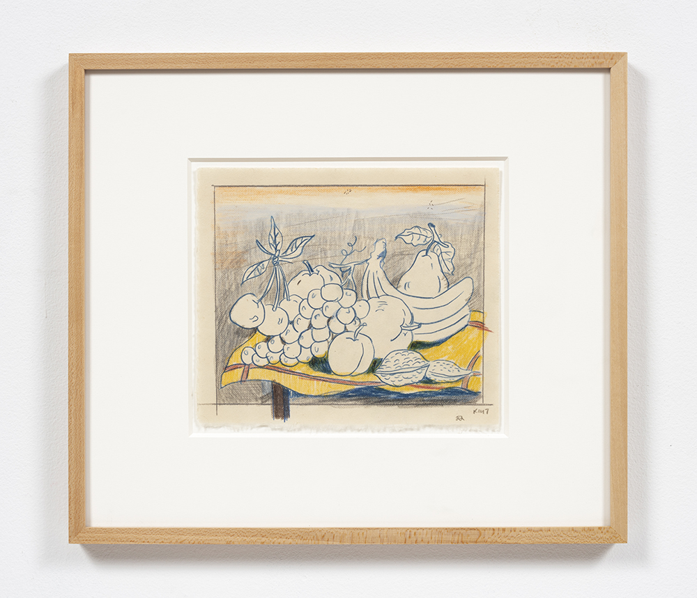 Kevin McNamee-Tweed. <em>Fruit Still Life (Blue and Metal)</em>, 2022. Pencil on mulberry paper 8 x 9 1/4 inches  (20.3 x 23.5 cm) 14 3/4 x 16 3/4 inches (37.5 x 42.5 cm) Framed
