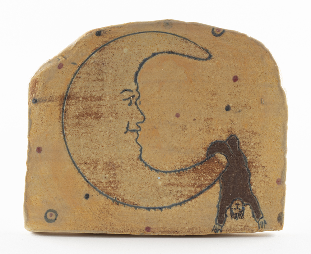 Kevin McNamee-Tweed. <em>Figure Hanging from Crescent Moon</em>, 2022. Glazed ceramic, 3 1/2 x 4 1/4 inches (8.9 x 10.8 cm)