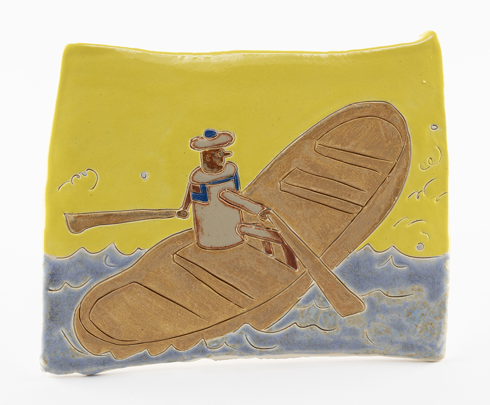 Kevin McNamee-Tweed. <em>Wooden Figure Rowing at Sea</em>, 2022. Glazed ceramic, 7 x 8 1/4 inches (17.8 x 21 cm)